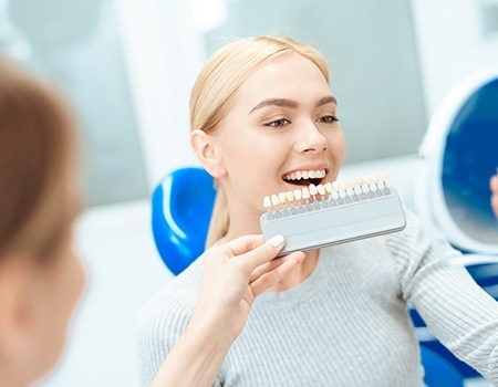 Woman's smile compared with tooth color chart