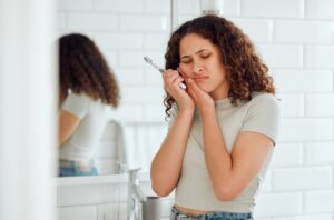 Young woman holding her toothbrush and clutching her jaw in pain.